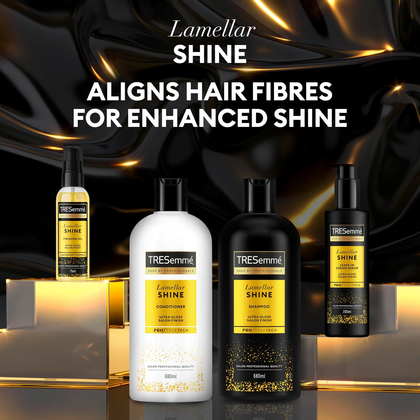 TRESemme Lamellar Shine Hair Care Bundle Shampoo (680 ml), Conditioner (680 ml), Oil (75 ml) & Serum (200 ml) with patented Lamellar Technology for an ultra-glossy salon finish