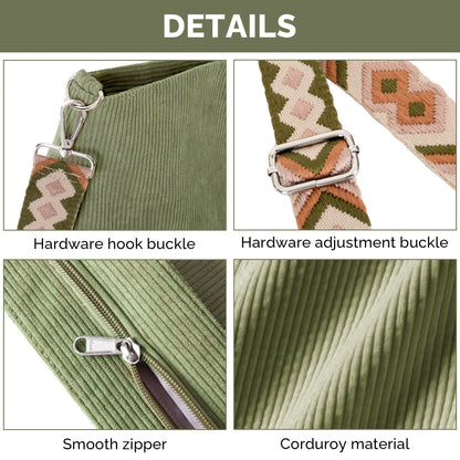 Prite Corduroy Tote Bag for Women with Zipper Large Capacity Shoulder Bags with Adjustable Strap and Pockets Waterproof Handbag for Work School Shopping Travel College (Green)