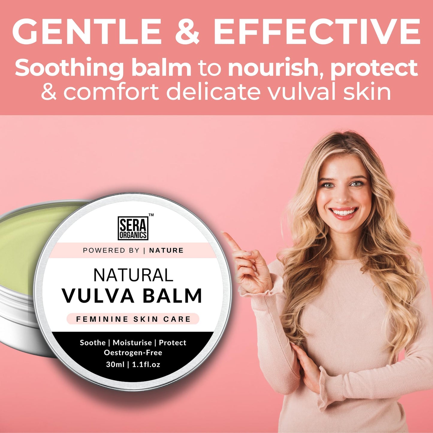 Natural Vulva Moisturiser for Vaginal Dryness - Menopause Support, Oestrogen-Free Vulva Balm, Relieves Irritation, Itching, Chafing, Odour, and Discomfort (30ml) by Sera Organics