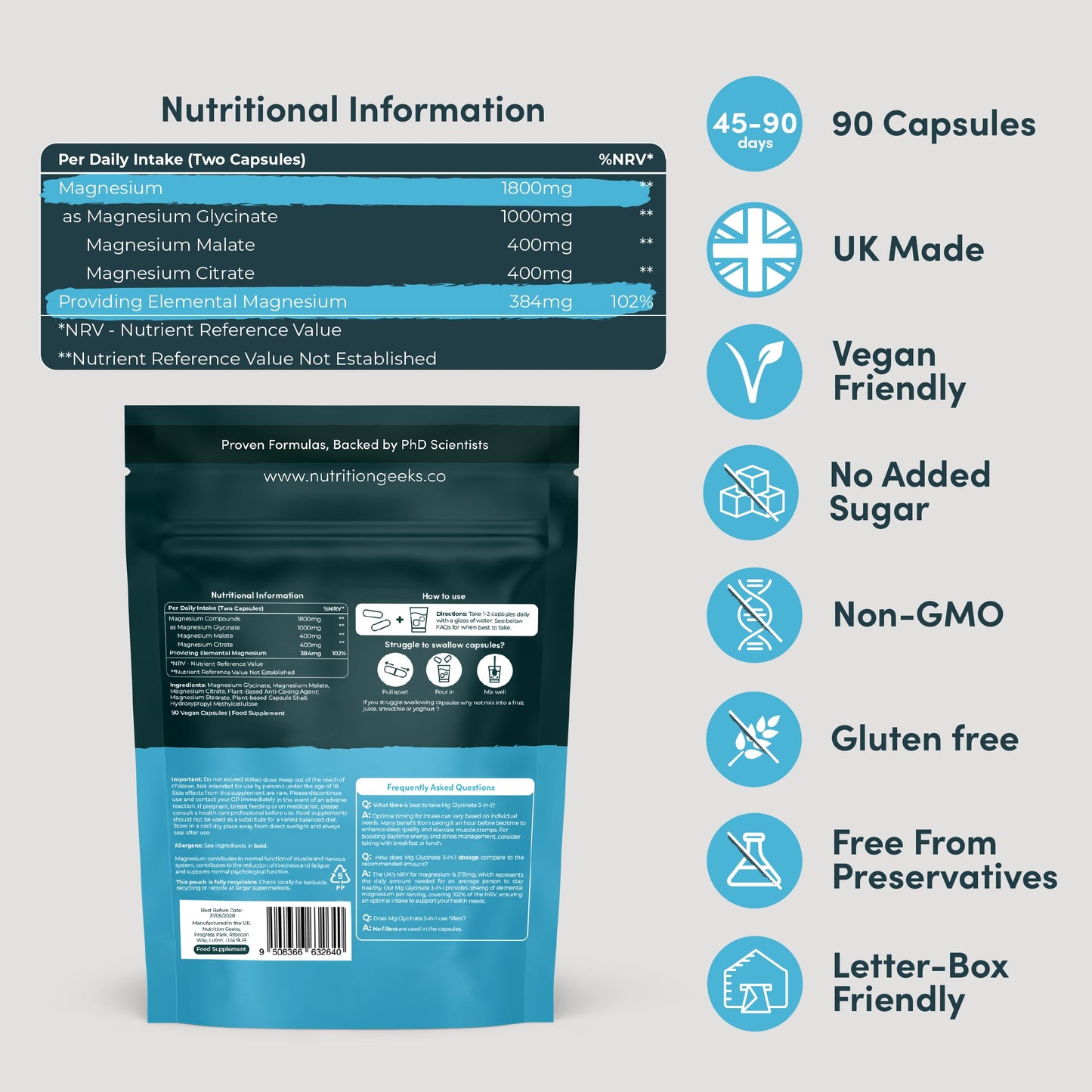 Magnesium Glycinate 3-in-1 Complex - 1800mg Supplements as Bisglycinate, Citrate & Malate 90 Vegan Capsules, Triple High Absorption 384mg Elemental, UK Made (Packaging Design May Vary)
