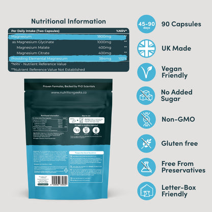 Magnesium Glycinate 3-in-1 Complex - 1800mg Supplements as Bisglycinate, Citrate & Malate 90 Vegan Capsules, Triple High Absorption 384mg Elemental, UK Made (Packaging Design May Vary)