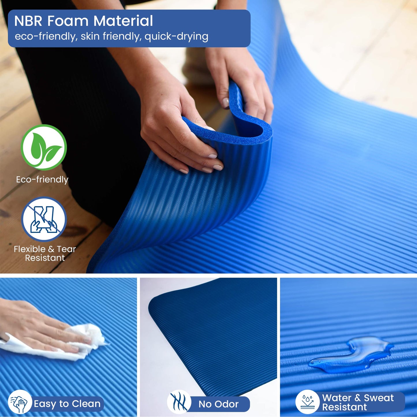TJC Non-Slip NBR Exercise Mat - 10MM Thickness, Eco Friendly Workout Mat with Carrying Strap for Yoga, Pilates and Fitness, 188x61x1.0 CM (6.2ft Length & 2ft Width)