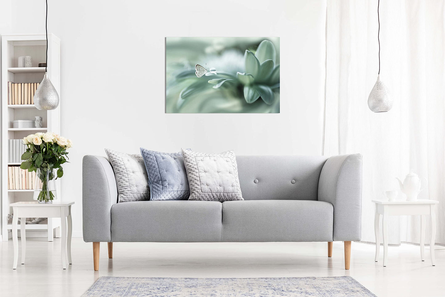Panther Print Fine Art Prints Dew Drop & Green Pastel Butterfly Artistic Framed Canvas Print, Pictures for Home Walls, Bedroom, Living Room & Bathroom Decor 91x61cm (36x24in)