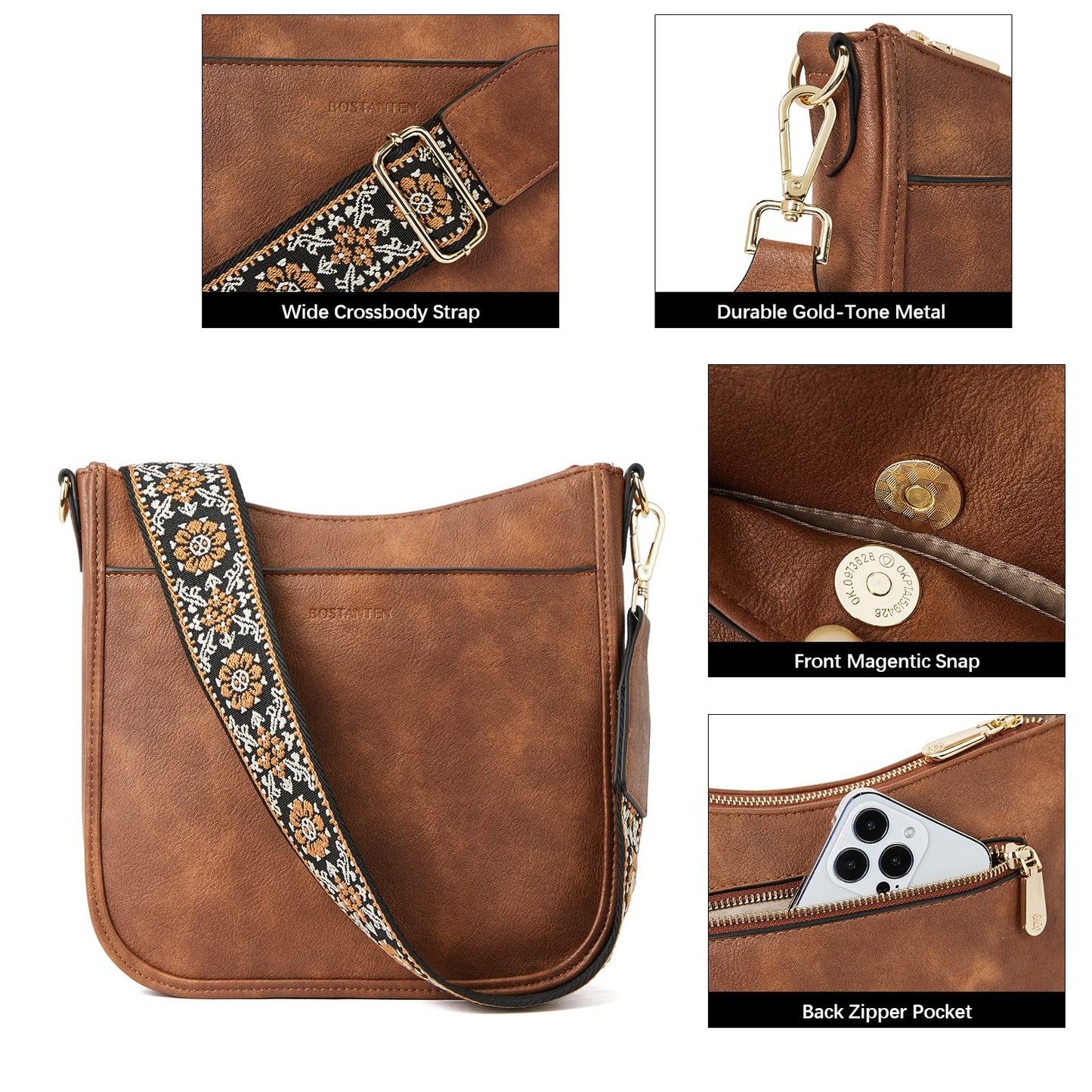 BOSTANTEN Crossbody Bags Handbags for Women Trendy Vegan Leather Hobo Purses Shoulder Handbags With Wide Shoulder Strap Brown