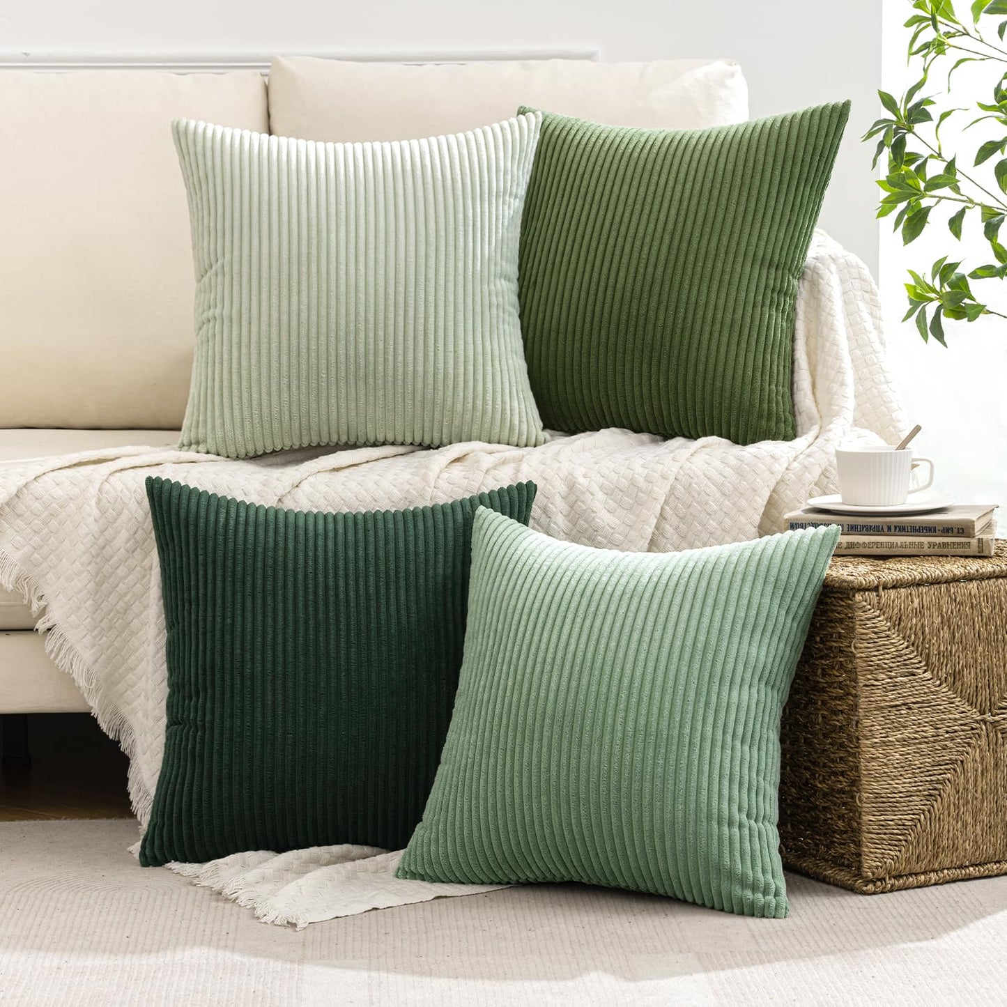 MIULEE Corduroy Christmas Cushion Covers Soft Decorative Square Throw Pillow Covers Cushion Soft Pillowcase Striped Pack of four for Home decor Sofa 45cm x 45cm,18x18 Inches Forest Green Series