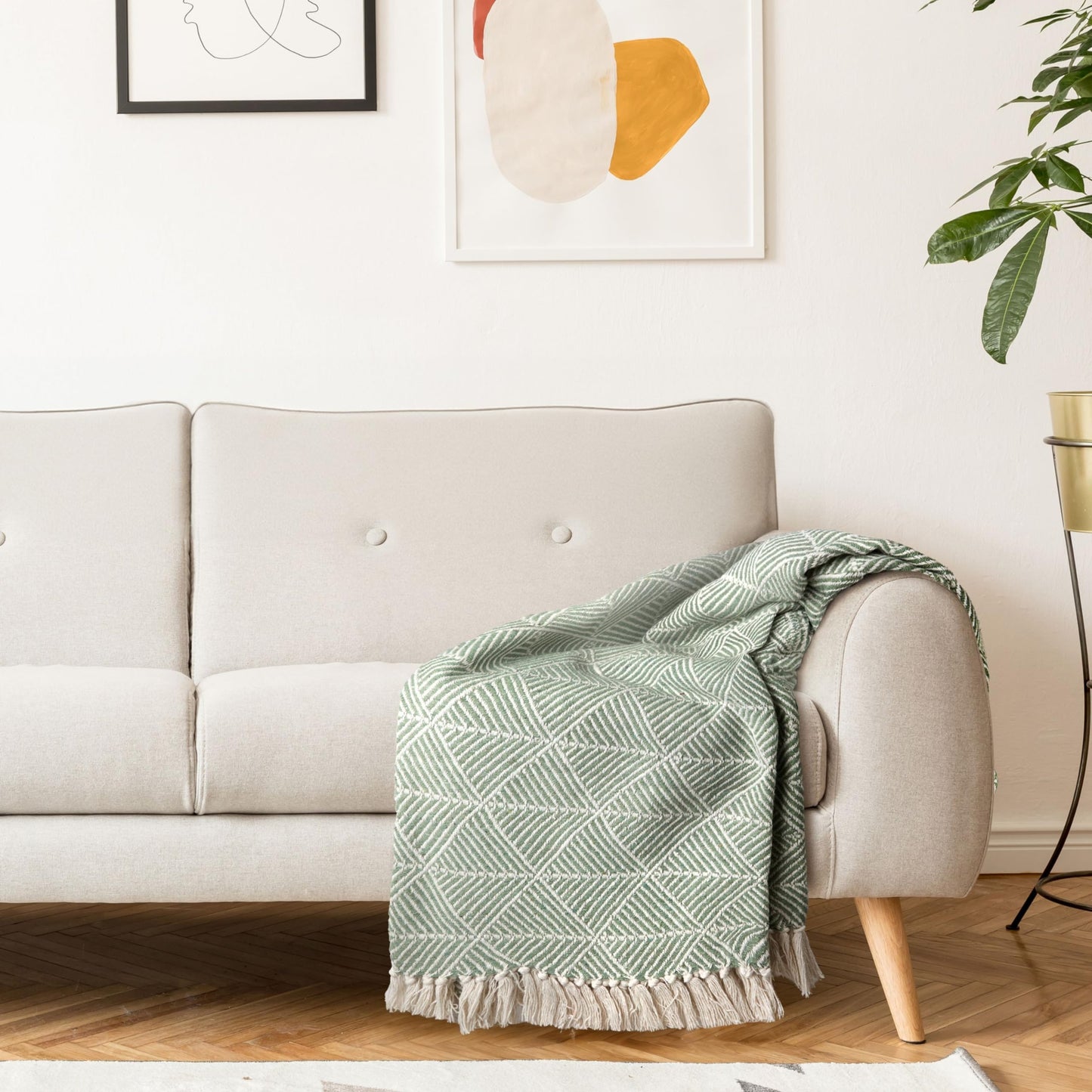 Emma Barclay Throw Blanket For Sofas Bed Extra Large Recycled Cotton Throws For Settees In Pistachio Green Throw Scandi Woven Blankets - Zahra Collection 90" x 100" (229cm x 254cm) Pistachio Green