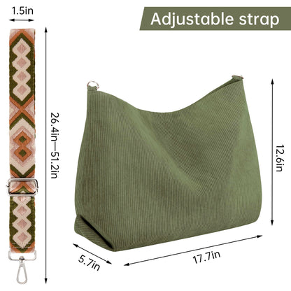 Prite Corduroy Tote Bag for Women with Zipper Large Capacity Shoulder Bags with Adjustable Strap and Pockets Waterproof Handbag for Work School Shopping Travel College (Green)