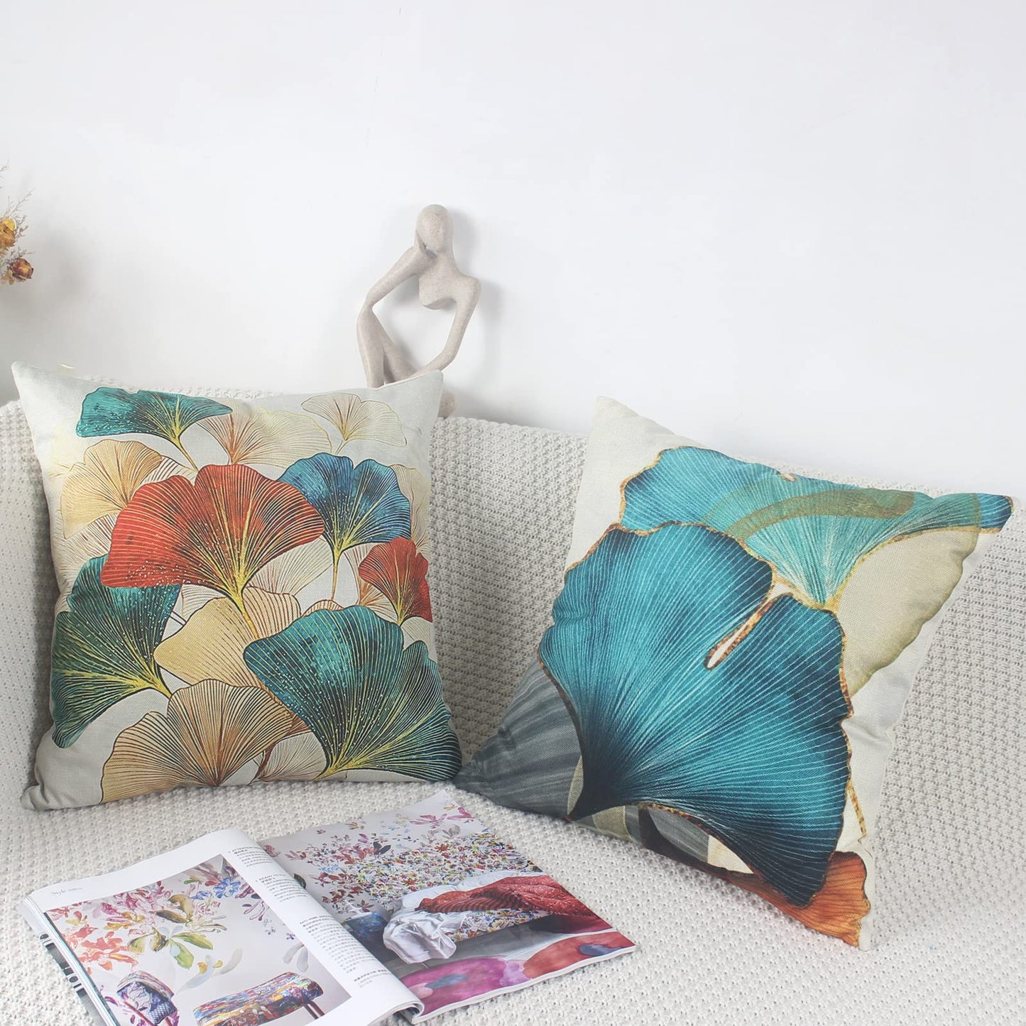 Sweetwill Set of 4 Decorative Cushion Covers 45 x 45 Linen Jungle Throw Pillow Cases Gold Teal Farmhouse Natural Cushion Covers 18x18 Sofa Cushions Modern Living Room Outdoor Garden