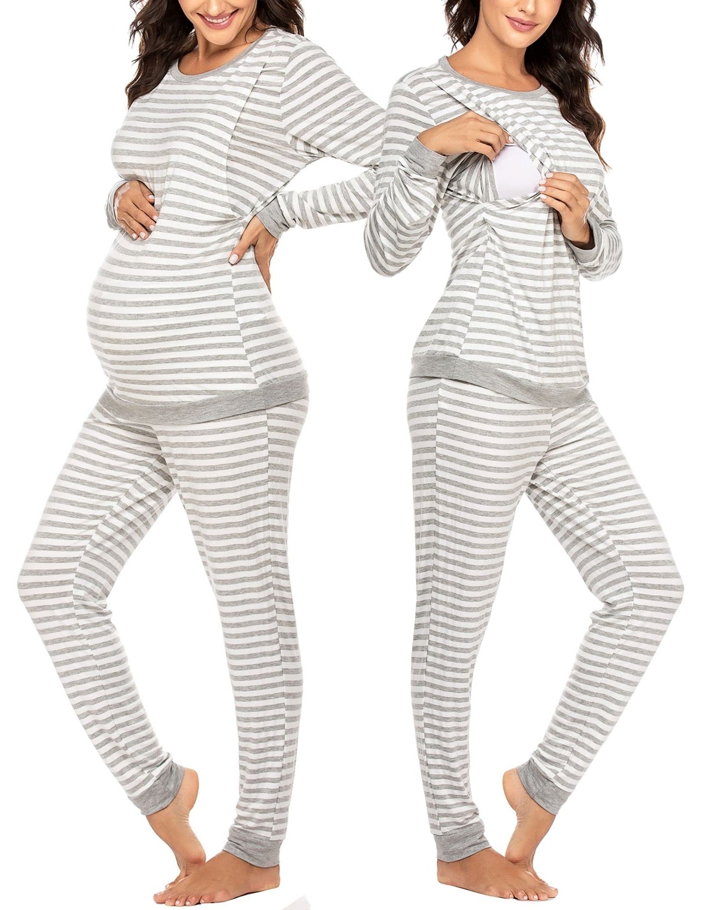 Ekouaer Maternity Clothes for Winter Nursing Pajamas for Women Breastfeeding Soft Sleepwear Loungewear, A Light Gray Stripe, S