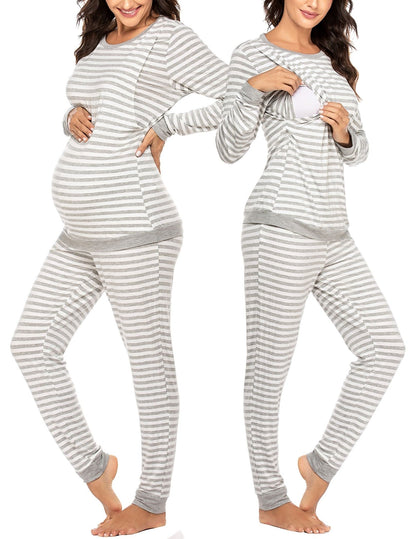 Ekouaer Maternity Clothes for Winter Nursing Pajamas for Women Breastfeeding Soft Sleepwear Loungewear, A Light Gray Stripe, S