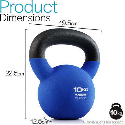 Core Balance 10kg Kettlebell Weight Cast Iron Neoprene Coated Heavy Duty Strength Training (Blue)