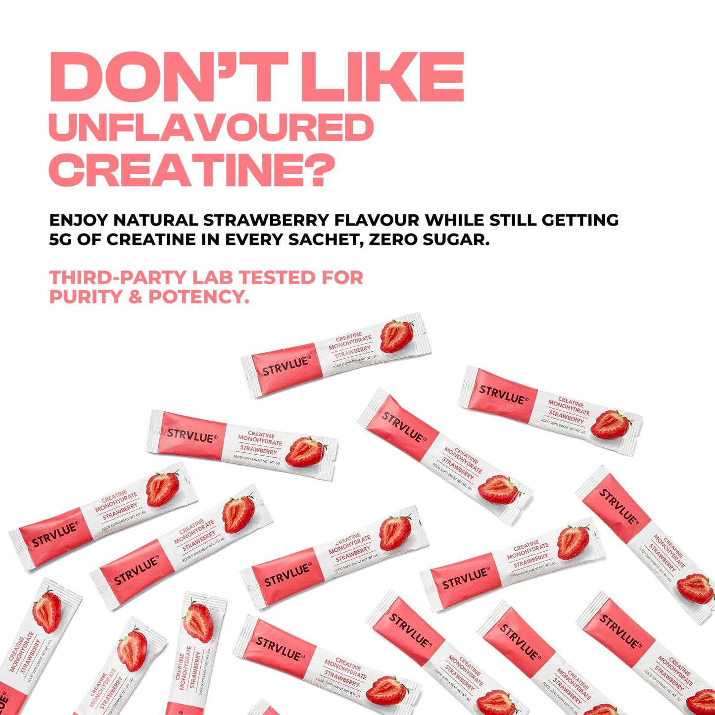 Creatine Monohydrate | Lab Tested | 30 Travel Sachets, 5g Creatine Each | Natural Strawberry Flavour | Zero Sugar | Supports Muscle Growth, Strength, Recovery, Cognition & Performance | for Men&Women
