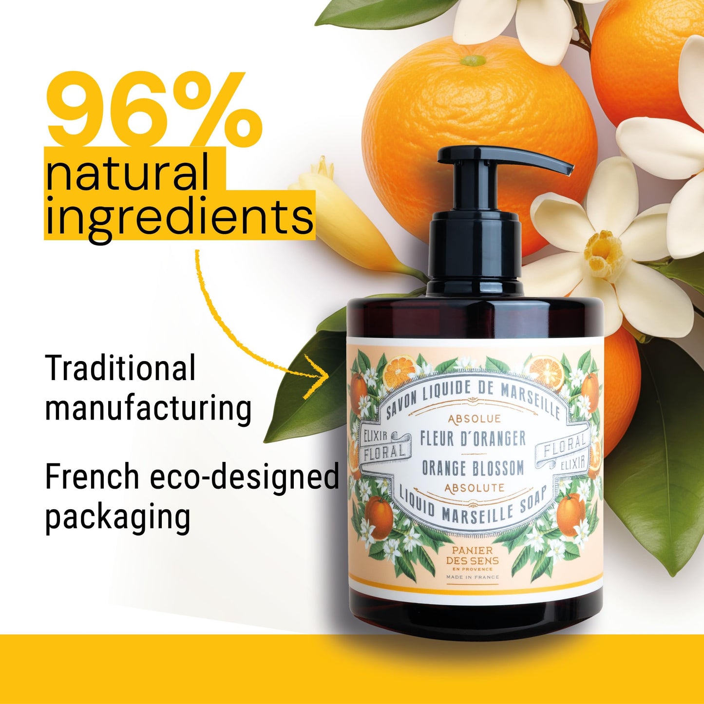 Panier des Sens - Liquid Hand Soap – Orange Blossom Soothing HandWash – With Olive - Savon de Marseille Made in France - Organic Hand Wash 96% Natural Ingredients - Vegan Soap 500ml