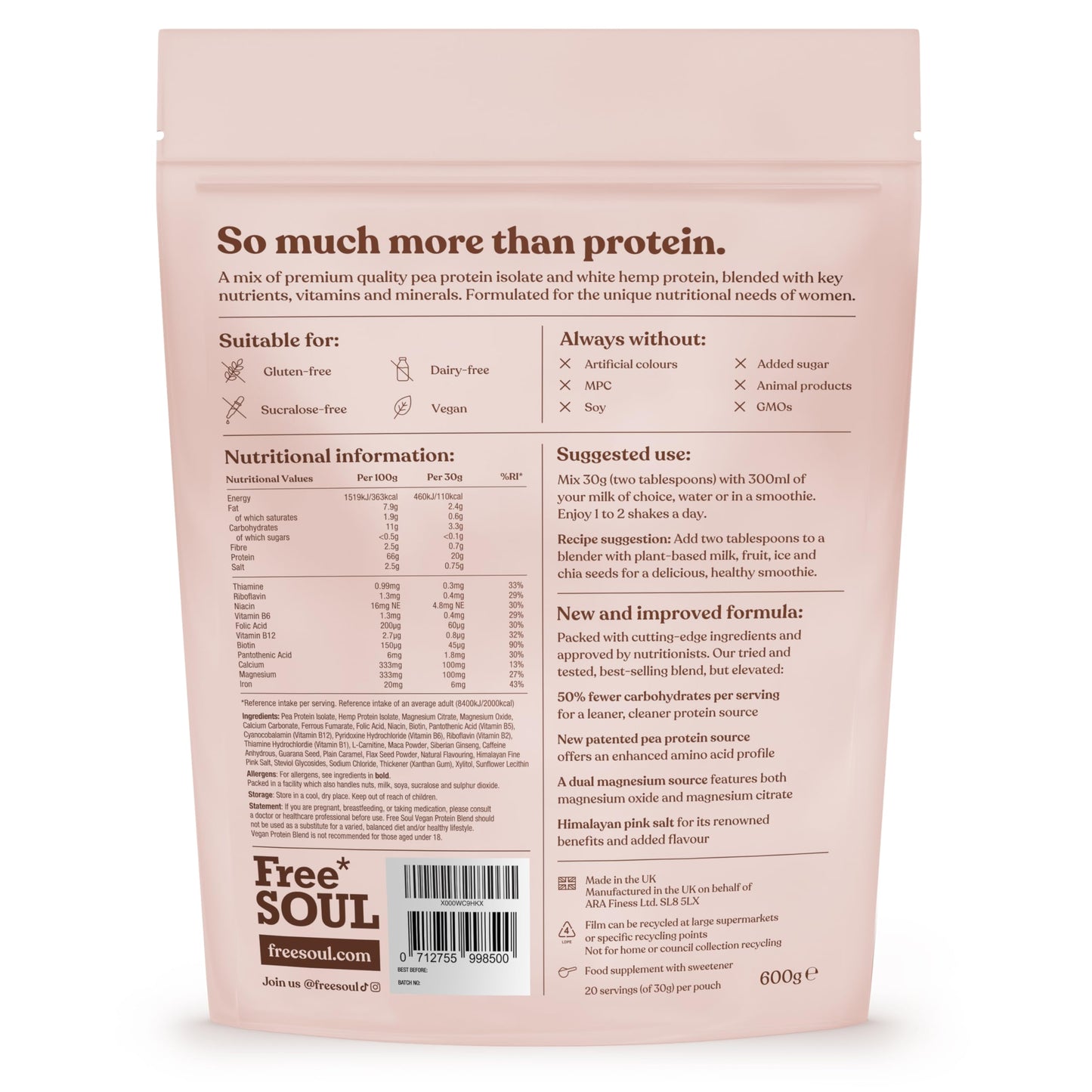 Free Soul Vegan Protein Powder | Formulated for Women | 600g | 20g Protein with Added Nutrients | Gluten & Soy Free Plant-Based Nutrition Shake | Pea & Hemp Isolate Protein | Vanilla Flavour