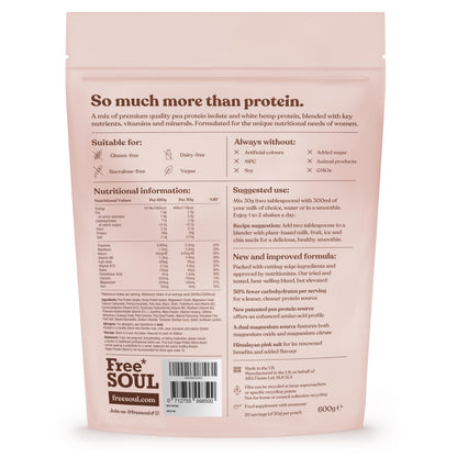 Free Soul Vegan Protein Powder | Formulated for Women | 600g | 20g Protein with Added Nutrients | Gluten & Soy Free Plant-Based Nutrition Shake | Pea & Hemp Isolate Protein | Vanilla Flavour