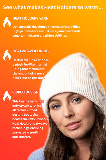 HEAT HOLDERS Womens Beanie Hat with Heatweaver Fleece Lining Ladies Fashionable Turnover Cuff Hat (One Size, Cream)