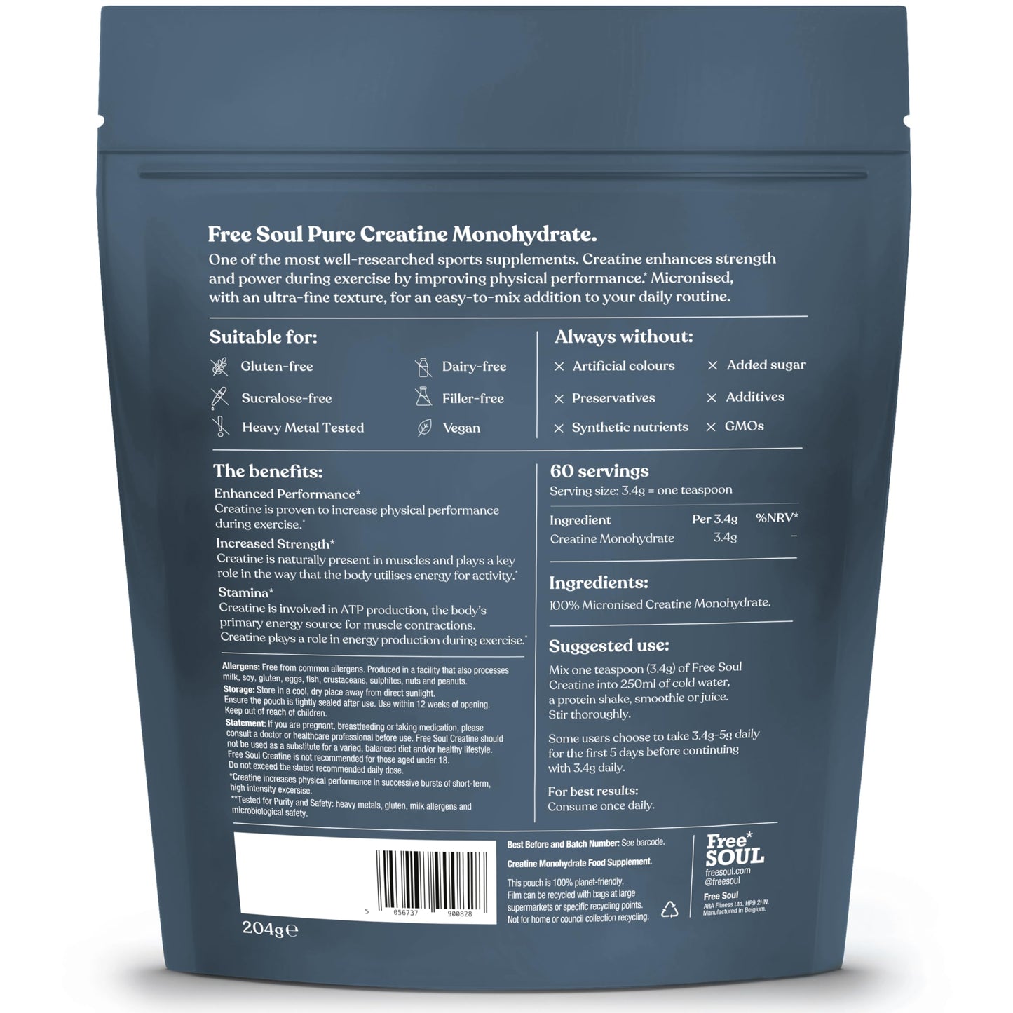 Creatine Monohydrate Powder | 100% Pure Micronised Creatine Monohydrate | Easily Dissolves | Unflavoured | Vegan | Lab-Tested | 60 Servings | Free Soul