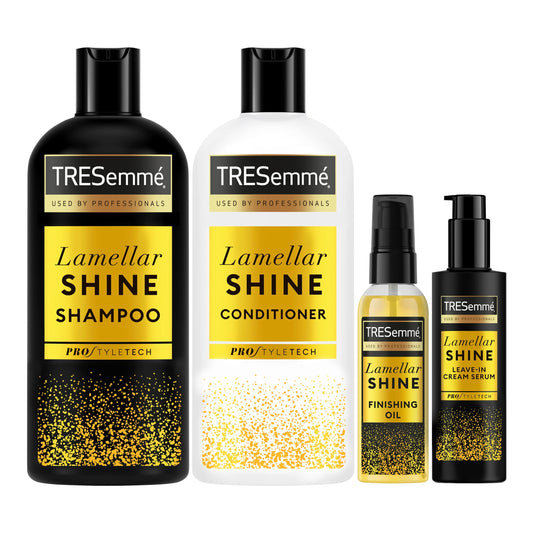 TRESemme Lamellar Shine Hair Care Bundle Shampoo (680 ml), Conditioner (680 ml), Oil (75 ml) & Serum (200 ml) with patented Lamellar Technology for an ultra-glossy salon finish