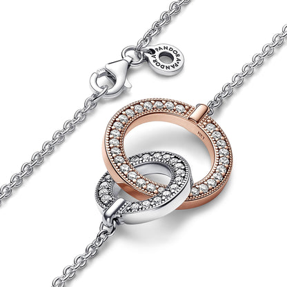 Pandora Signature Two-tone Intertwined Circles sterling silver and 14k rose gold-plated necklace with clear cubic zirconia