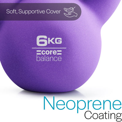 Core Balance 6kg Kettlebell Weight Cast Iron Neoprene Coated Heavy Duty Strength Training (Purple)
