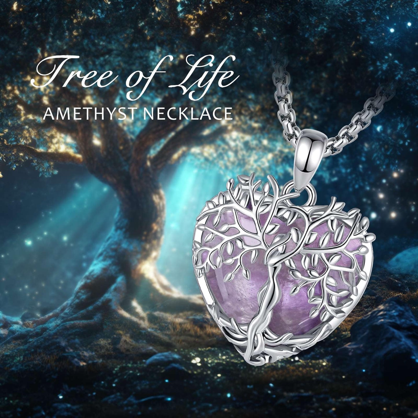 AEONSLOVE Amethyst Necklace Tree of Life Necklace for Women Ladies Girls Amethyst Healing Crystal Necklaces Heart Life Tree Pendant Healing Stones and Crystals Jewellery Gifts
