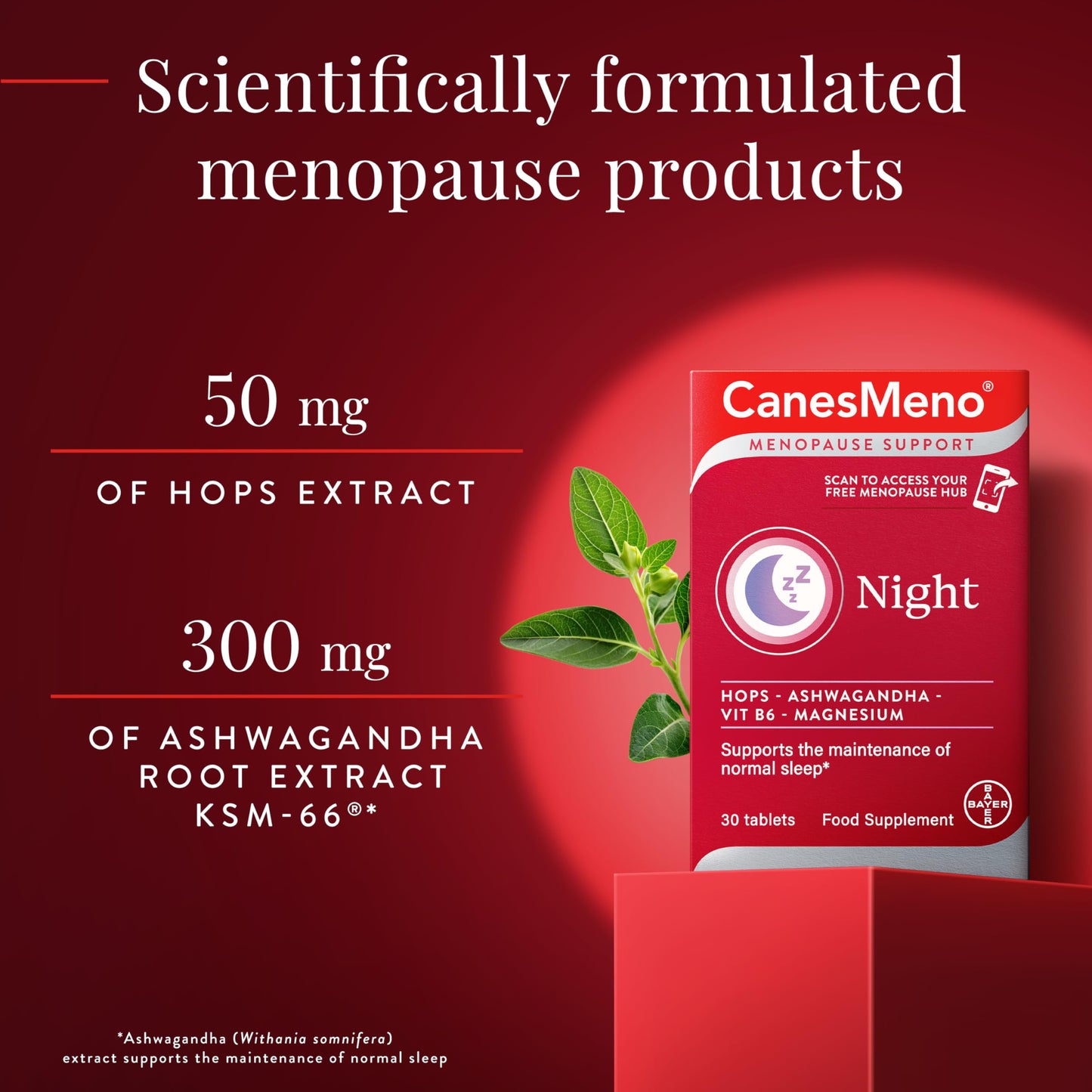 CanesMeno Menopause Support Night 30 Tablets, containing Hops, Ashwagandha, Vitamin B6 and Magnesium