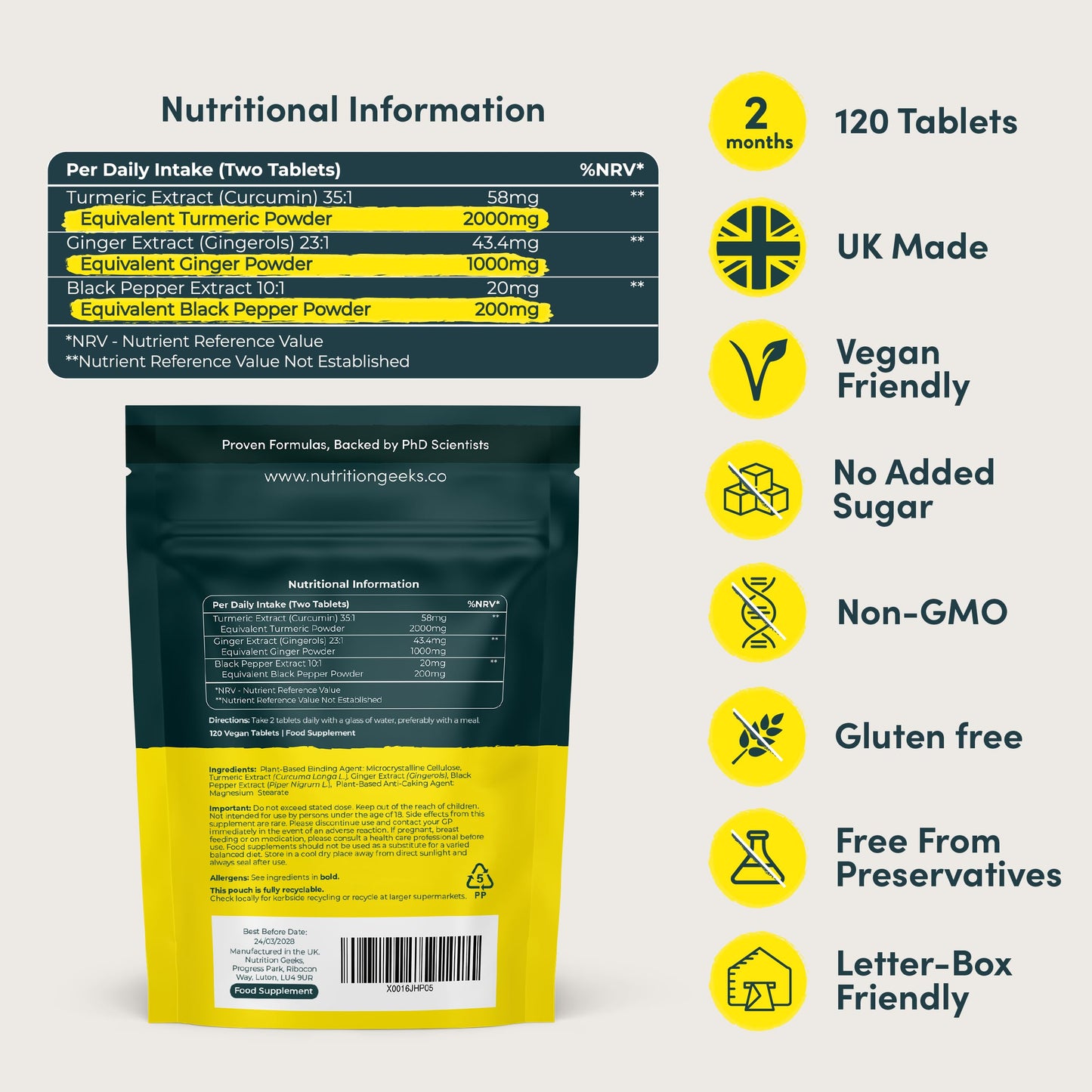 Turmeric Tablets 2000mg with Black Pepper & Ginger - 120 High Strength Curcumin Supplements - Easy Swallow Tablets (Not Turmeric Capsules or Powder) - Vegan - UK Made
