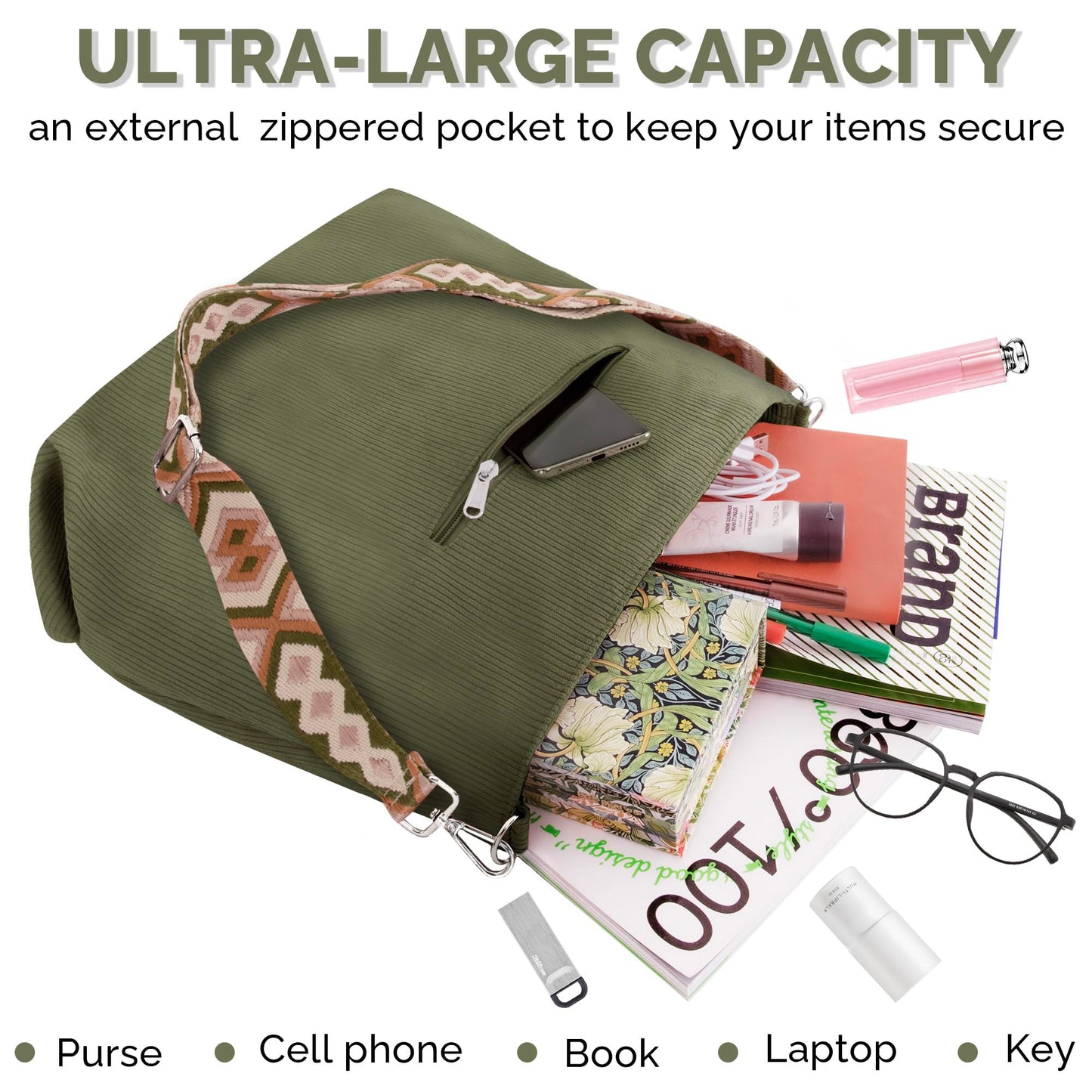 Prite Corduroy Tote Bag for Women with Zipper Large Capacity Shoulder Bags with Adjustable Strap and Pockets Waterproof Handbag for Work School Shopping Travel College (Green)