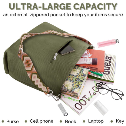 Prite Corduroy Tote Bag for Women with Zipper Large Capacity Shoulder Bags with Adjustable Strap and Pockets Waterproof Handbag for Work School Shopping Travel College (Green)