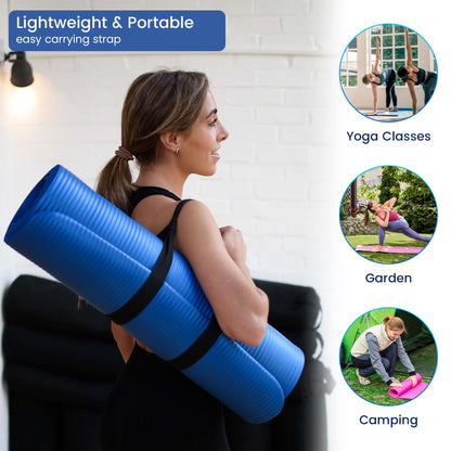 TJC Non-Slip NBR Exercise Mat - 10MM Thickness, Eco Friendly Workout Mat with Carrying Strap for Yoga, Pilates and Fitness, 188x61x1.0 CM (6.2ft Length & 2ft Width)