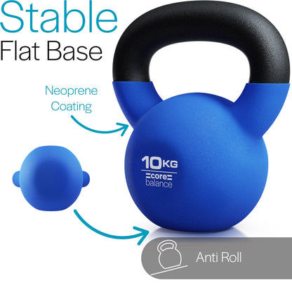 Core Balance 10kg Kettlebell Weight Cast Iron Neoprene Coated Heavy Duty Strength Training (Blue)