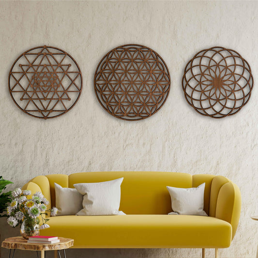 Sacred Geometry Wood Wall Art Decor, Mandala Wall Art, Geometric Wooden Wall Decoration, 3 Piece Sacred Geometry Wall Art