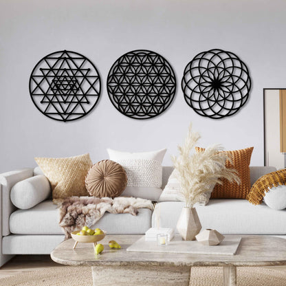 Sacred Geometry Wood Wall Art Decor, Mandala Wall Art, Geometric Wooden Wall Decoration, 3 Piece Sacred Geometry Wall Art