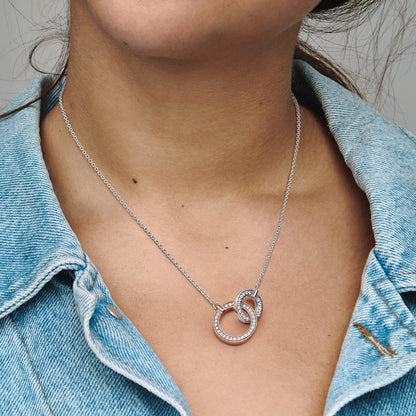 Pandora Signature Two-tone Intertwined Circles sterling silver and 14k rose gold-plated necklace with clear cubic zirconia