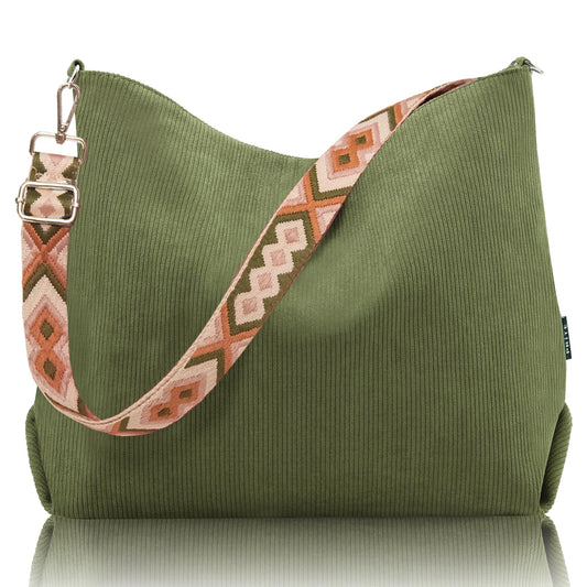 Prite Corduroy Tote Bag for Women with Zipper Large Capacity Shoulder Bags with Adjustable Strap and Pockets Waterproof Handbag for Work School Shopping Travel College (Green)