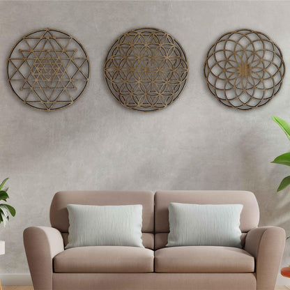 Sacred Geometry Wood Wall Art Decor, Mandala Wall Art, Geometric Wooden Wall Decoration, 3 Piece Sacred Geometry Wall Art