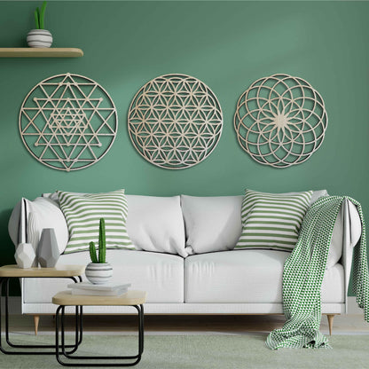 Sacred Geometry Wood Wall Art Decor, Mandala Wall Art, Geometric Wooden Wall Decoration, 3 Piece Sacred Geometry Wall Art