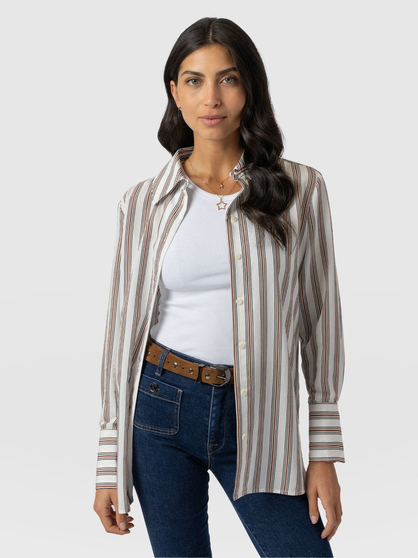 Saint + Sofia Reagan Tie Shirt - Beige Stripe